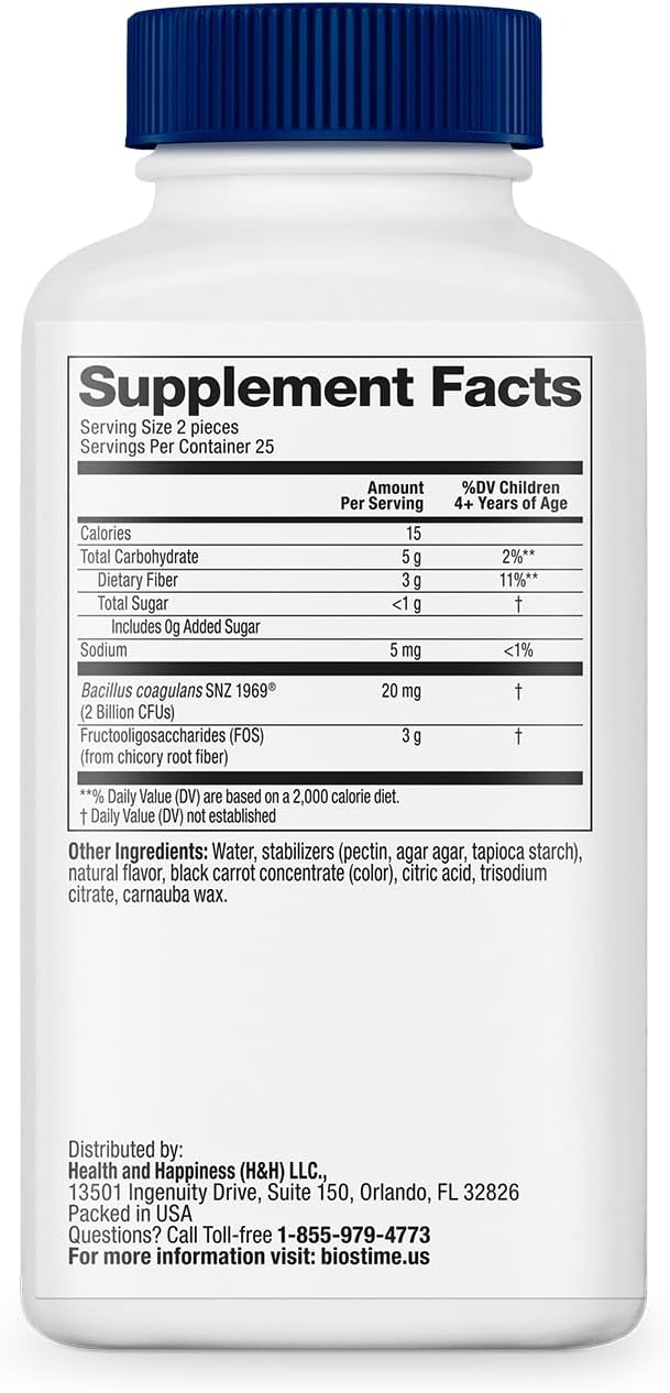 Biostime Kids Prebiotic & Probiotic Gummies (Ages 4+) | Probiotics for Kids | Includes 2 Billion CFU to Support Digestive Health| No added sugar Fruity Bites | Free from Top 9 Allergens |50 Count