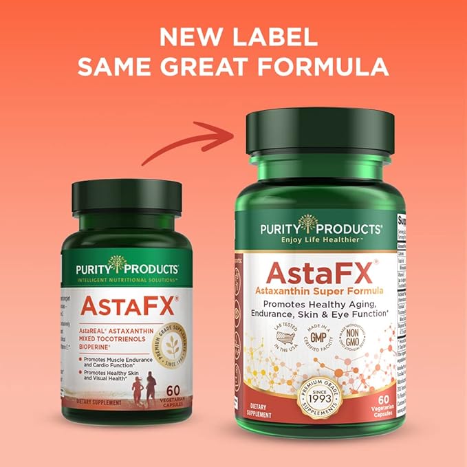 Purity Products AstaFX Astaxanthin Antioxidant Super Formula from Clinically Tested 4 mg AstaREAL with Tocotrienols (Vitamin E) + BioPerine Black Pepper + Piperine - 60 Vegetarian Caps