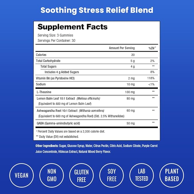 NutraChamps Calm Gummies, Stress Gummies Supplement with Ashwagandha, L-Theanine, GABA, Vitamin B6 & Lemon Balm, Supports Mood, Focus & Stress Relief, Natural Berry, 90 Gummies