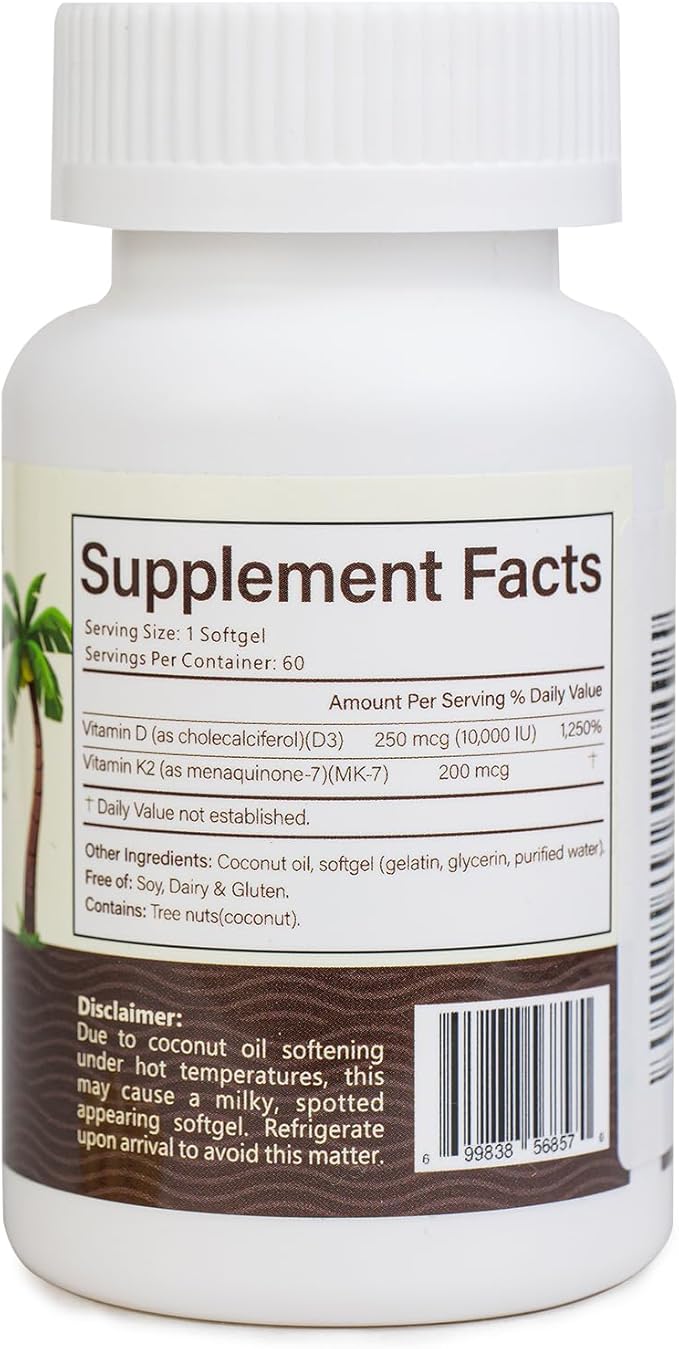 Nature's Nova Vitamin D3 + K2 Softgels for Immune, Bone & Heart Health, 10,000 IU, 60 Count, Non-GMO, Gluten-Free