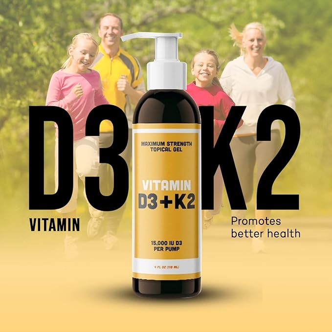 Vitamin D3 K2 Maximum Strength Topical Gel - 15000+ IU Per Pump - The Sunshine Vitamin - Supports Bone & Joint Health, Immune Support - One Month Supply