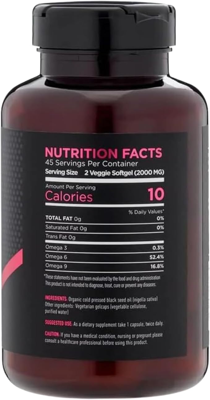 Kiva Black Seed Oil Softgel Capsules - Cold-Pressed (2000mg), 1.5%+ High Thymoquinone (TQ), 100% Turkish Nigella Sativa Seed Oil, 90 Vegan Softgels
