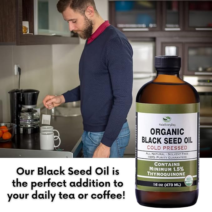 HalalEveryDay Organic Black Seed Oil - USDA Certified, Cold Pressed Glass Bottle 16oz - Over 1.5% Thymoquinone Turkish Black Cumin Nigella Sativa Non-GMO 100% Pure Blackseed Oil