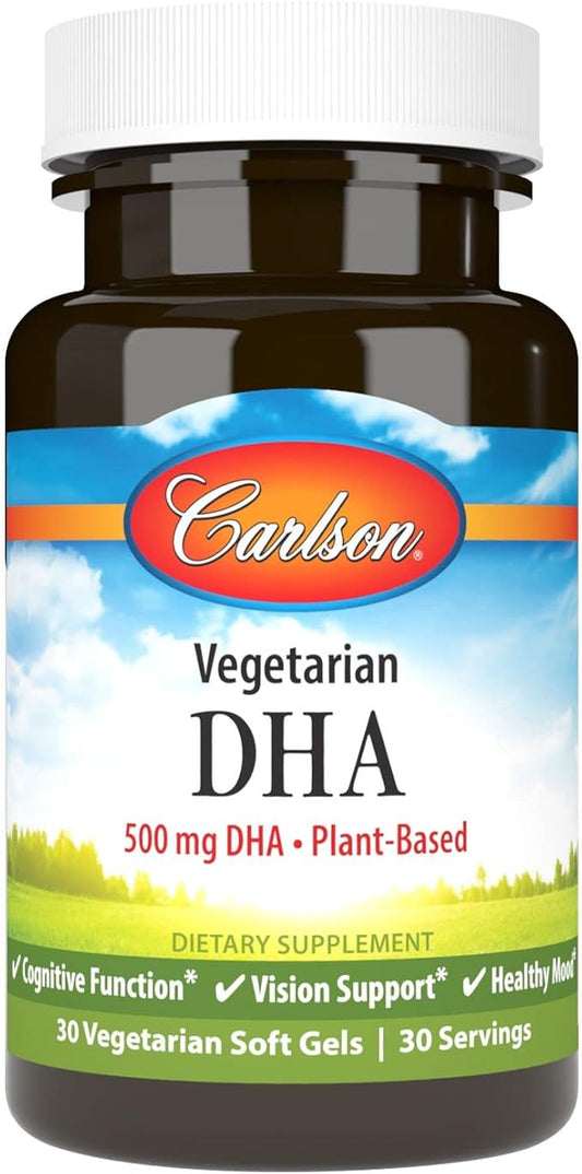Carlson - Vegetarian DHA, 500 mg DHA, Plant Based, Sustainably Sourced from Algae, Brain Support, Mood Health, 30 Softgels