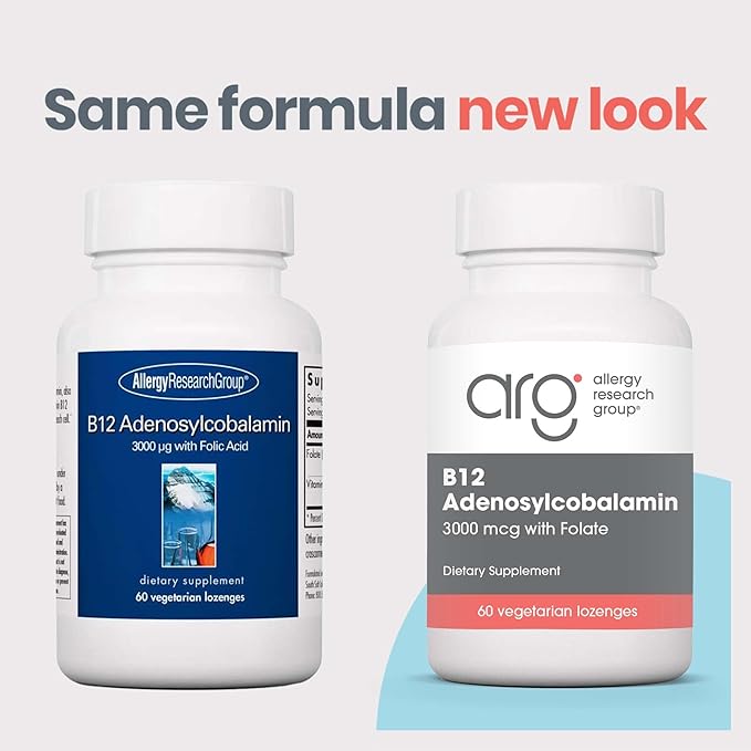 Allergy Research Group B12 Adenosylcobalamin Supplement - with Folic Acid, Vitamin B12 3000 mcg, Folate, Pure B12, Vegetarian Lozenges - 60 Count