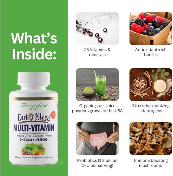 Paradise Herbs Earth's Blend Women's Once Daily Multivitamin with Iron, 48 Organic Superfoods, Probiotics, Antioxidants, Vitamins A, B12, C, D, K2, 60 Capsules