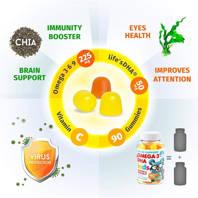 Omega 3 DHA Gummies and Vitamin C Gummies for Kids & Adults - Immune Support Low-Sugar Chewable Gummy Vitamins for Toddlers - Vegetarian Gelatin-Free Children's Supplement
