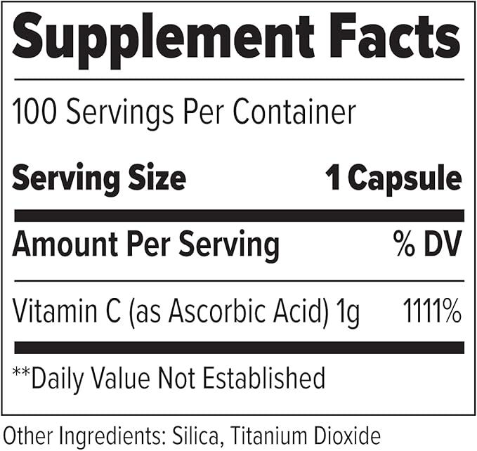 FINAFLEX Pure Vitamin C - 100 Capsules - Promotes Immune System Support & Collagen Production - 1000 mg of Vitamin C Per Serving - 100 Servings
