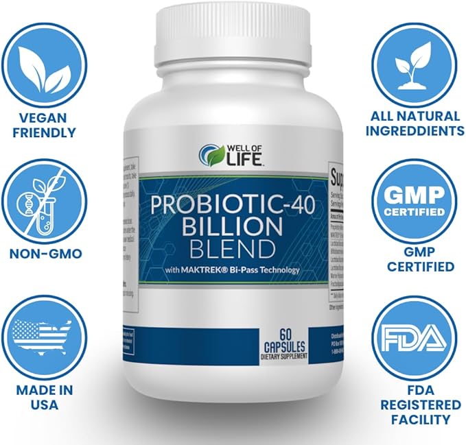 Well of Life Probiotic-40 Billion: Helps Gut Health & Digestive Support. 4 Strain Blend, 40 Billion CFU. Enhances Nutrient Absorption, Metabolism. 60 Capsules. Non-GMO, Made in USA.
