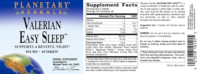Planetary Herbals Valerian Easy Sleep Tablets, 60 Count
