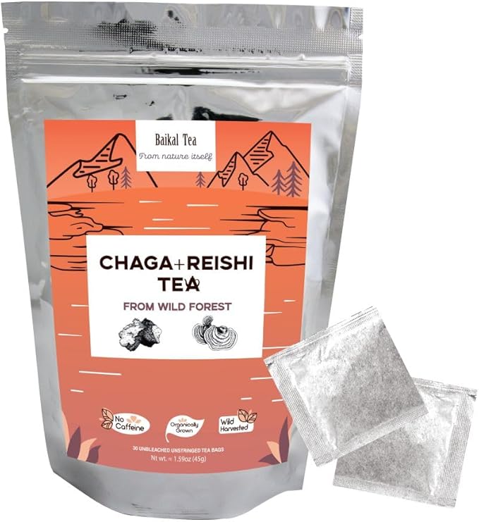 Chaga Reishi Tea Wild Chaga Tea with Reishi - 30 Unbleached Tea Bags - Ganoderma Lingzhi Mushroom Supplement Tea with Wild Chaga