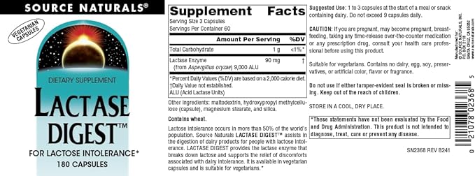 Source Naturals Lactase Digest, for Lactose Intolerance* - 180 Capsules