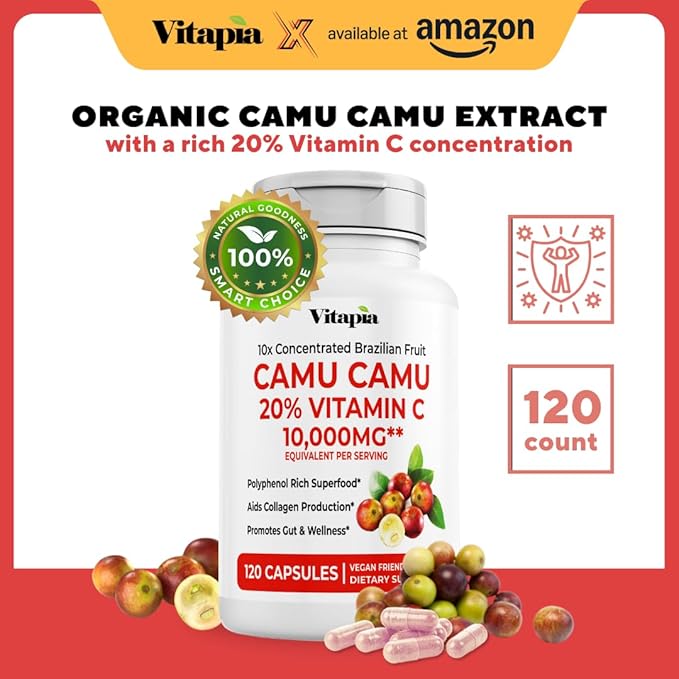 Organic Camu Camu Extract 20% Vitamin C Capsules - Immune, Collagen, Metabolism Support - 120 Veggie Capsules - Non GMO, Gluten Free, Vegan Supplement
