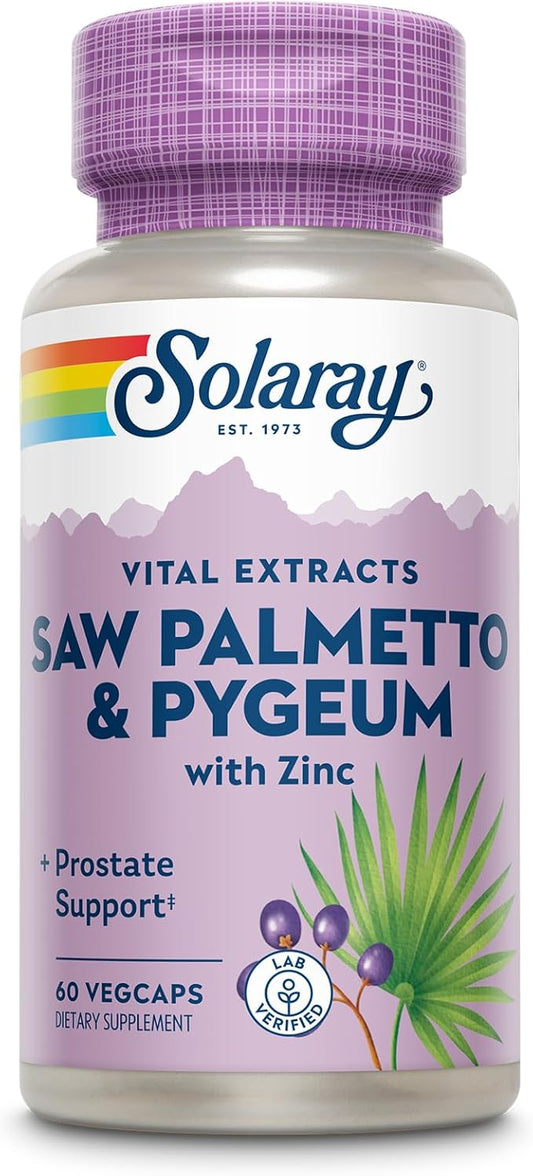 SOLARAY Saw Palmetto and Pygeum - Saw Palmetto for Men and Pygeum Bark - with Zinc, Vitamin B6, Pumpkin Seed and Amino Acids - Prostate Supplements for Men w/Beta Sitosterol (60 VegCaps)
