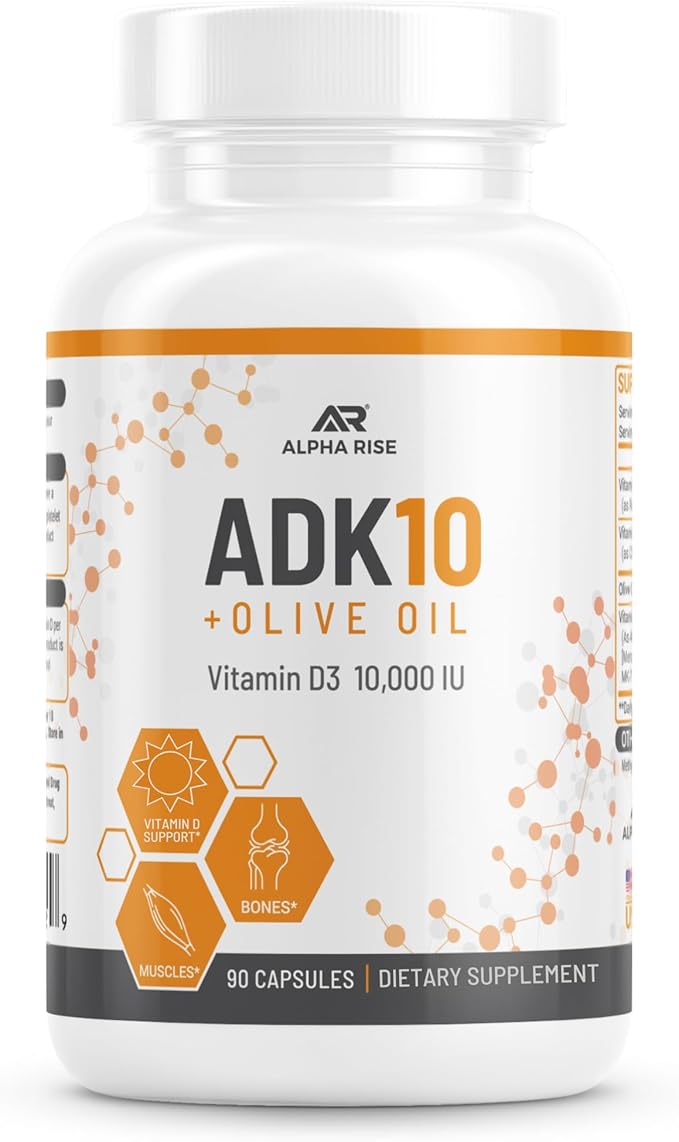 ADK 10 Vitamin Supplement + Olive Oil for Better Absorption - with Vitamins A + D3 (10,000 iu) + K2 (MK7+MK4) - 90 Capsules - Vegetarian - Non-GMO