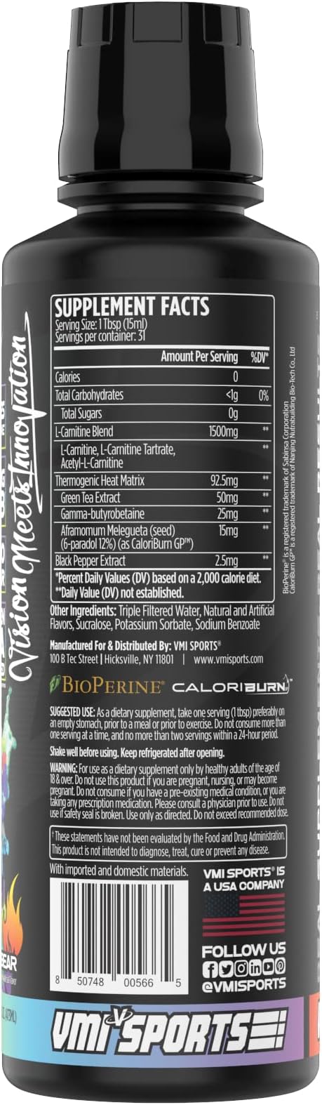 VMI Sports L-Carnitine 1500 Heat Liquid Enhanced Thermogenic | 1500 mg Carnitine | Maximum Absorption Formula | Great Taste for Men & Women | 31 Servings (Gummy Bear)