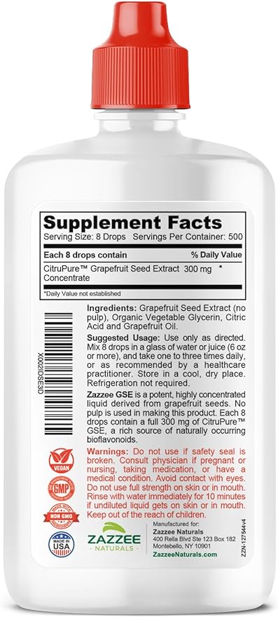 Zazzee GSE, 3X Triple Strength, 4 Ounces, 500 Servings, 300 mg per Serving, Premium Liquid Grapefruit Seed Extract Concentrate with Bioflavonoids, Vegan, Gluten Free, All-Natural, Made in The USA