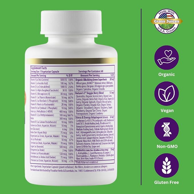 Paradise Herbs Earth's Blend Women's Once Daily Multivitamin with Iron, 48 Organic Superfoods, Probiotics, Antioxidants, Vitamins A, B12, C, D, K2, 60 Capsules