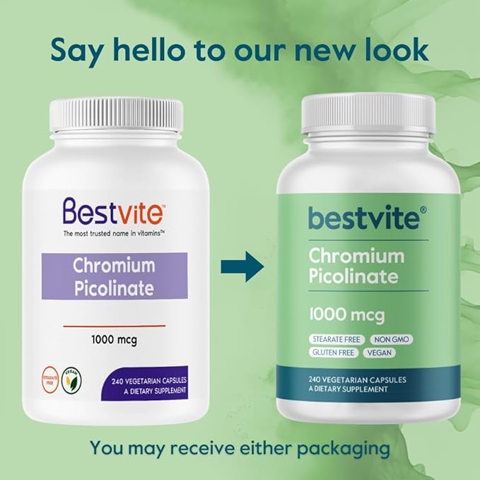 BESTVITE Chromium Picolinate 1000mcg (240 Vegetarian Capsules) - No Stearates - No Dicalcium Phosphate - Vegan - Gluten Free - Non-GMO