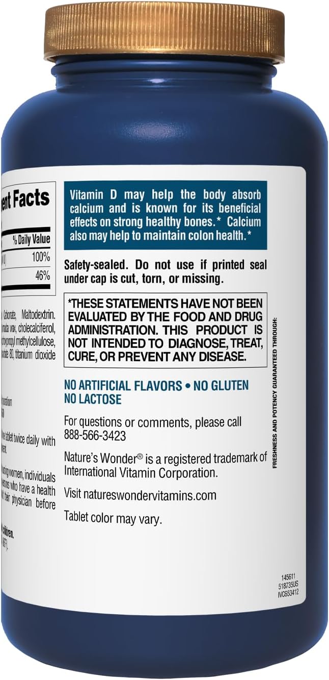 Nature's Wonder Calcium 600 mg with Vitamin D3 20 mcg for Bone Health, 220 Tablets