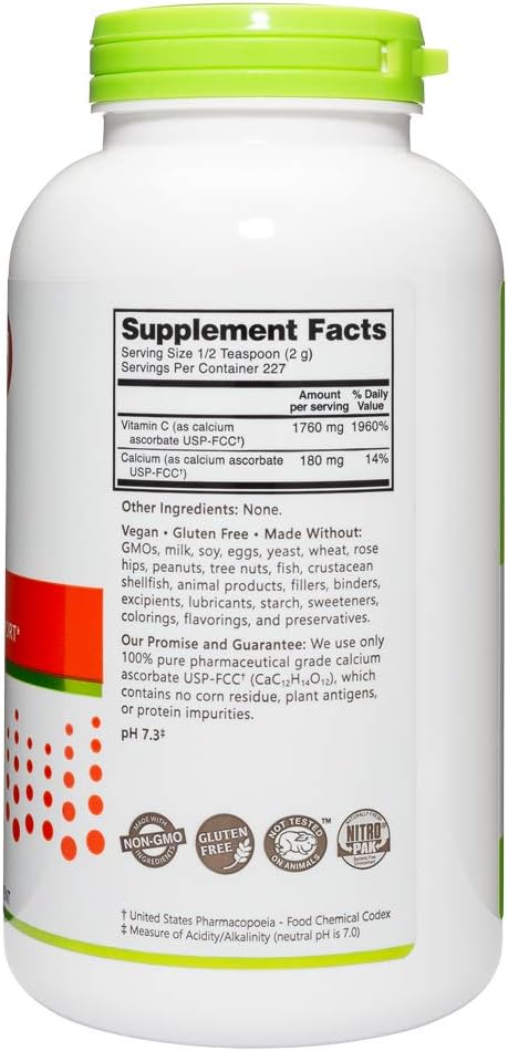 NutriBiotic - Calcium Ascorbate Vitamin C Powder, 16 Oz | Essential Antioxidant & Collagen Supplement Buffered with Calcium | Non-Acidic & Easier on Digestion Than Ascorbic Acid | Gluten & GMO Free