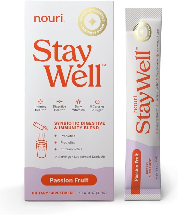 Nouri Daily StayWell Passion Fruit Drink Mix | Probiotics, Prebiotics, Colostrum, L-Glutamine, Vitamins D & B12, Magnesium, Manganese & Zinc for Gut Health, Digestion & Immunity | 14 Stick Packs