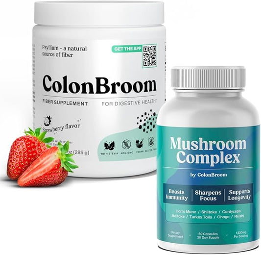 ColonBroom Psyllium Husk Powder (Strawberry, 50 Servings) + Mushroom Complex, Powerful Mushroom Blend with Cordyceps, Reishi, Shiitake, Lion’s Mane Extract for Energy, Immunity (60 Capsules)