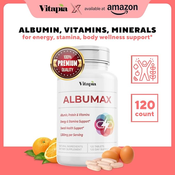 Albumin Supplement with Vitamin B Complex, Amino Acids, Egg White & Whey Protein Powder - Energy, Stamina, Immune, Wellness Support - 120 Tablets, Non-GMO, Gluten-Free