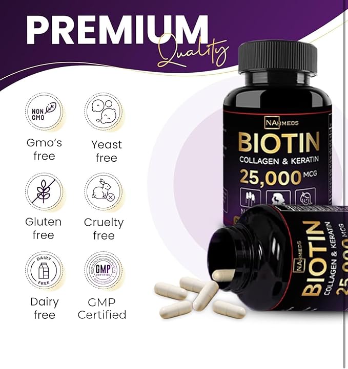 Biotin Hair Skin & Nails Vitamins – 25,000 mcg Biotin with Collagen, Keratin & Hyaluronic Acid – Supports Healthy Hair, Radiant Skin & Strong Nails – Unisex Supplement – 60 Capsules