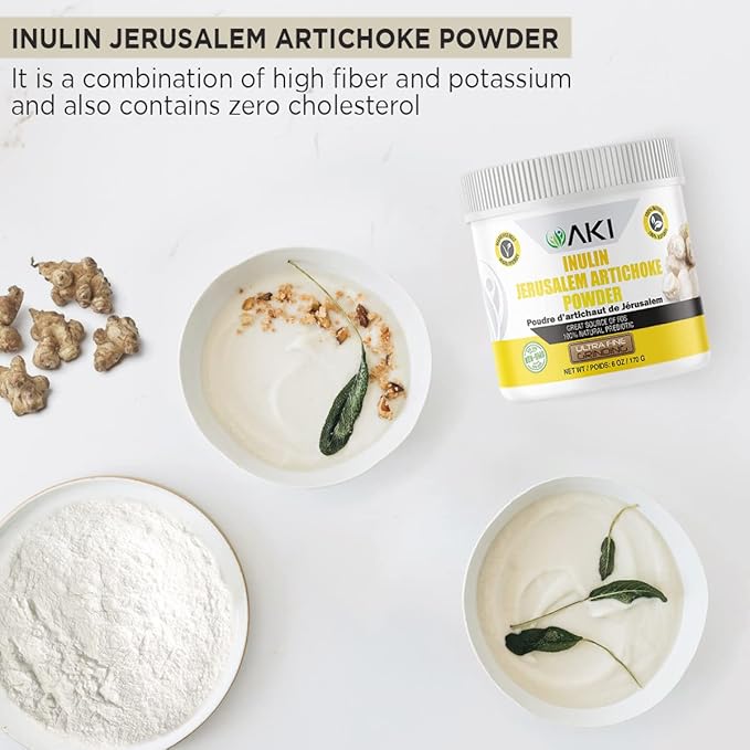 AKI Inulin Jerusalem Artichoke Powder (6oz/170g) Good in Fiber & Prebiotic, Ideal for Coffee, Smoothies, Juice & Other Meals - Vegan, Gluten-Free (Pack of 1)