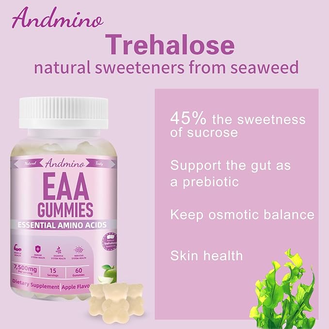EAA Gummies 7500 mg, BCAA Gummies, Amino Acids Supplement for Muscle, Immune, Nervous & Digestive Health, for Adults & Kids, Non-GMO, Vegan, Gluten Free, Apple Flavor, 120
