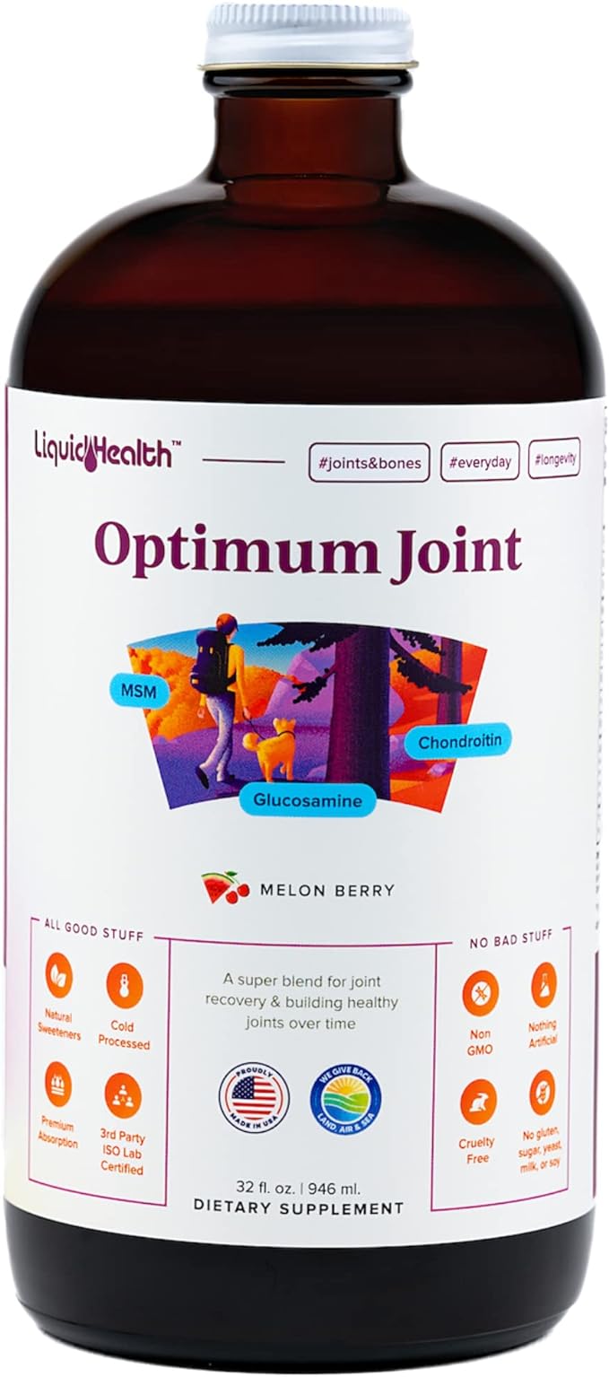 LIQUIDHEALTH Optimum Joint Support Supplement with Glucosamine, Chondroitin, MSM, Hyaluronic Acid - Triple Strength Liquid Vitamins, Gluten-Free, Dairy-Free, Soy-Free Joint Juice, Made in USA (32 oz)