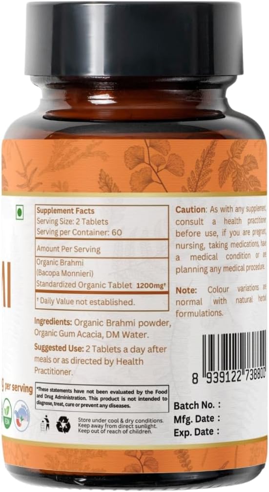 BRAHMI 120 Tablets | Bacopa Monnieri (Brahmi) | USDA Organic Certified | Organic and Natural 120tab - Pack of 2