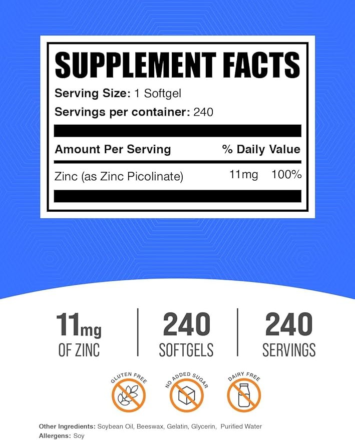 BulkSupplements.com Zinc Picolinate Softgels - Zinc 11mg, for Immune Support, Gluten Free - 1 Softgel per Serving, 240 Count (Pack of 1)