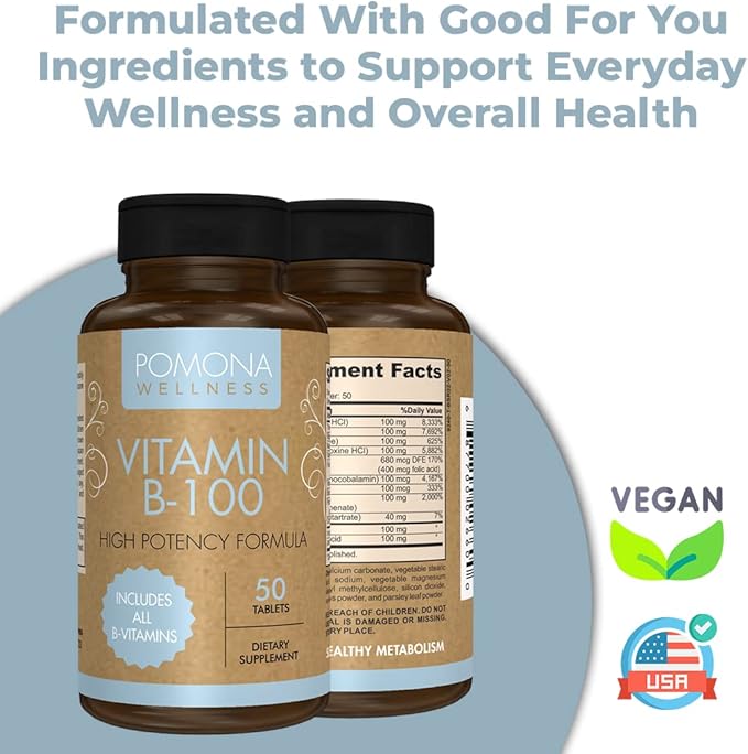 Pomona Wellness Vitamin B Complex Supplement with Folic Acid, High Potency Multivitamin, All 10 B Vitamins Including B12, Supports Energy Levels, Heart Health, Non-GMO, 50 Tablets