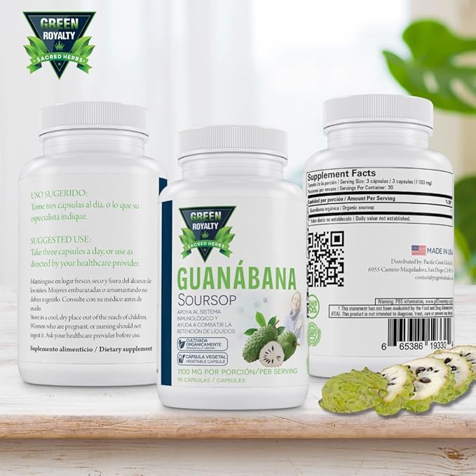 Graviola Guanabana (Soursop) Capsules – 1100mg Per Serving, 90 Vegan Capsules – Organically Grown Guanábana – No Preservatives, Gluten-Free, Made in USA | Immune Support and antioxidant Defense