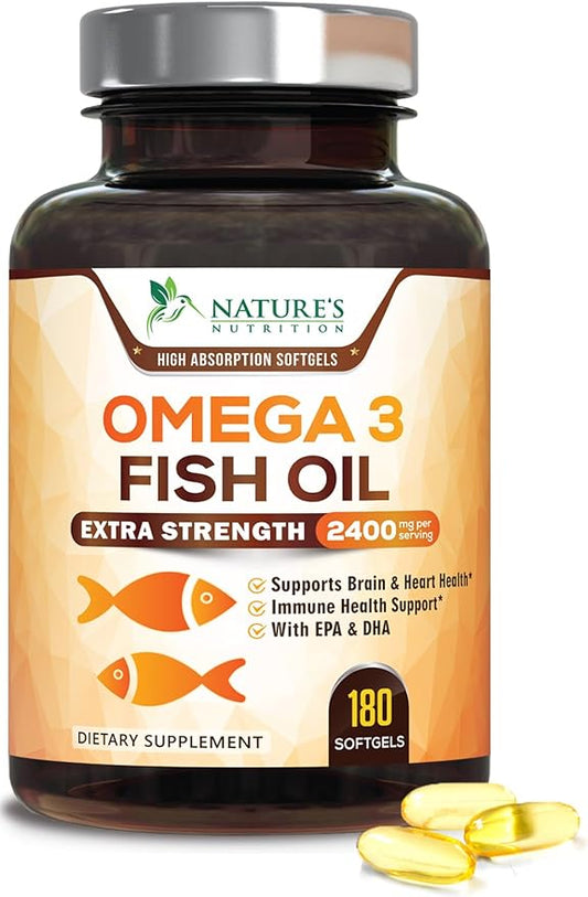 Triple Strength Omega 3 Fish Oil - 2400 mg Natural Omega-3 Supplements Support Brain, Heart & Joint Health with EPA & DHA Essential Fatty Acids - Lemon Flavor, Burpless, Wild Caught - 180 Softgels