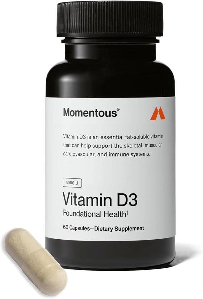 Momentous Vitamin D3 Supplement - 5000 IU Capsules for Foundational Health Support - NSF Certified, Gluten Free, 60 Servings