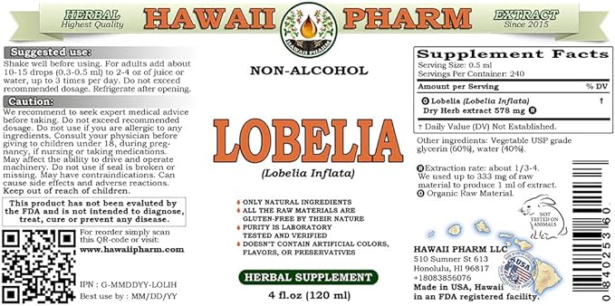 Lobelia Alcohol-Free Liquid Extract, Organic Lobelia (Lobelia Inflata) Dried Herb Glycerite Hawaii Pharm Natural Herbal Supplement 4 oz