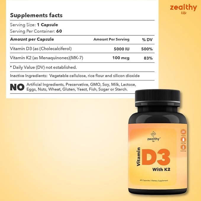 Vitamin D3 + K2 - High Potency Bone & Heart Health Formula* - 60 Easy-to-Swallow Capsules | Zealthy Life - 60 Capsules