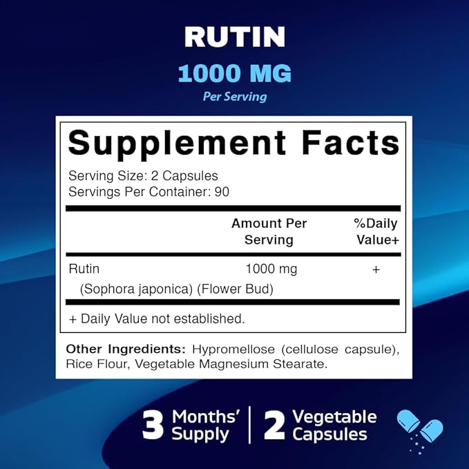 Vitamatic Rutin 1000mg Supplement, 90 Servings, Bioflavonoid, Free Radical Scavenger, Non-GMO, Gluten Free, Vegetarian