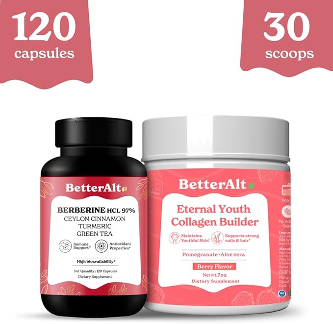 Beauty Duo with Collagen (200g) for natural, radiant and Glowing skin and Berberine Capsules (120) for improved digestion & Immunity|100% Natural, Non GMO & Vegan