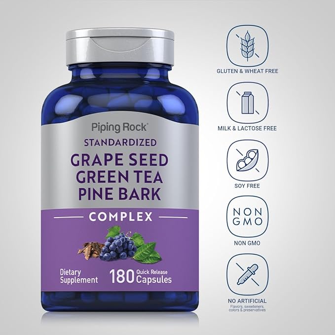 Piping Rock Grape Seed, Green Tea & Pine Bark Complex | 180 Capsules | Standardized Extract | Non GMO, Gluten Free Supplement