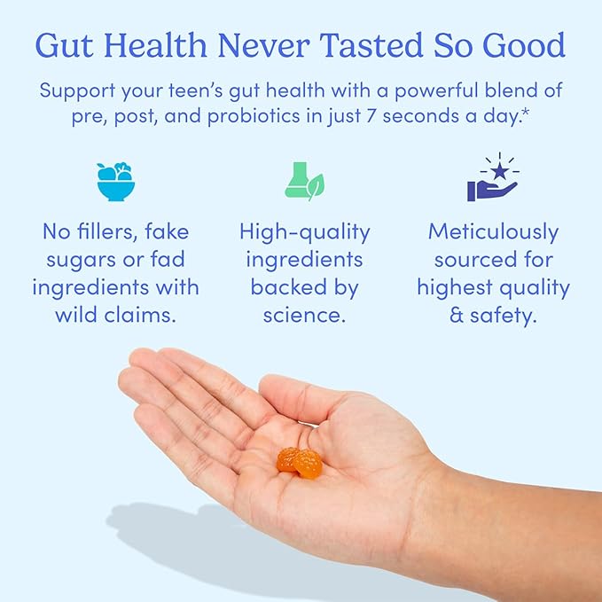 FIRST DAY Teens’ Gut Sustainer Tribiotic Gummies – 3-in-1 Prebiotic, Probiotic & Postbiotic Supplement – Supports Digestive, Skin, Oral & Immune Health, Nutrient Absorption & Growth – 30-Day Supply