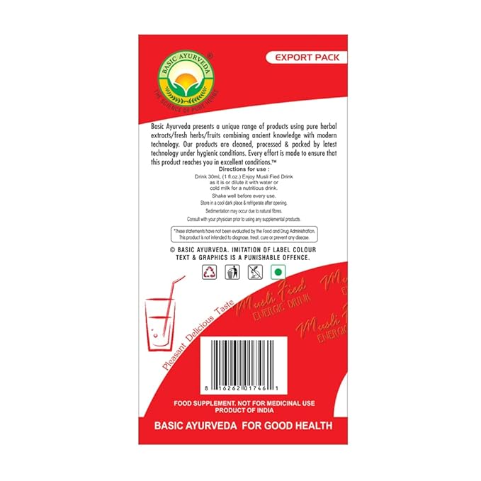 BASIC AYURVEDA Organic Safed Musli Drink | Naturally Strengthens Energy & Immunity | Ayurvedic Herbal Tonic | Ideal for Men & Women | 16.23 Fl Oz/480ml