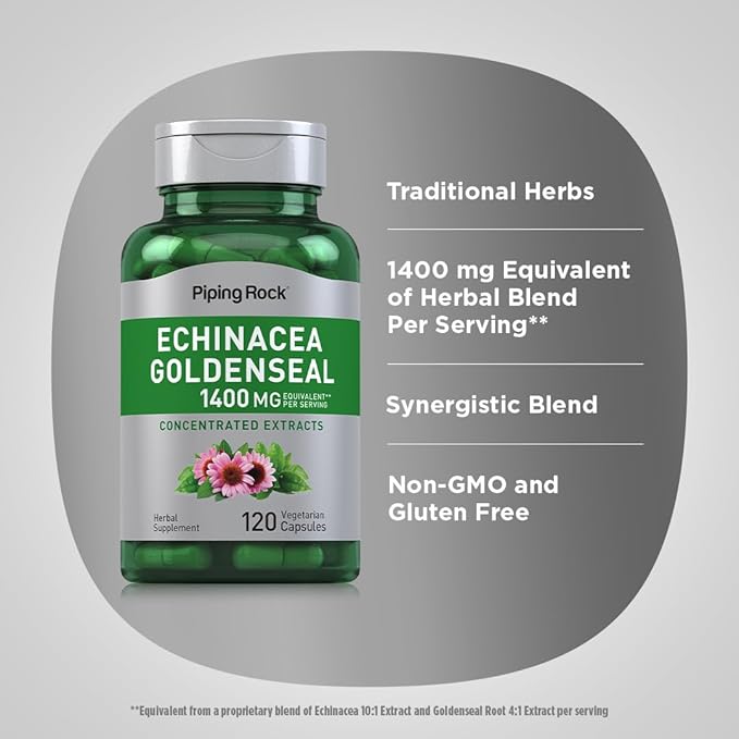 Piping Rock Echinacea Goldenseal Capsules | 1400mg | 120 Vegetarian Capsules | Non-GMO, Gluten Free Supplement
