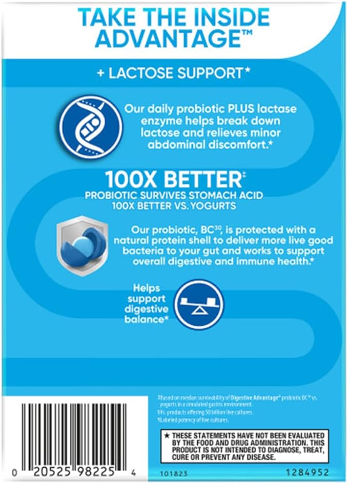 Digestive Advantage Lactose Defense Enzymes + Probiotics for Women & Men Occasional Bloating, Lactose Breakdown, Minor Abdominal Discomfort, Immune Support, 96 Count Capsules (2 Pack)