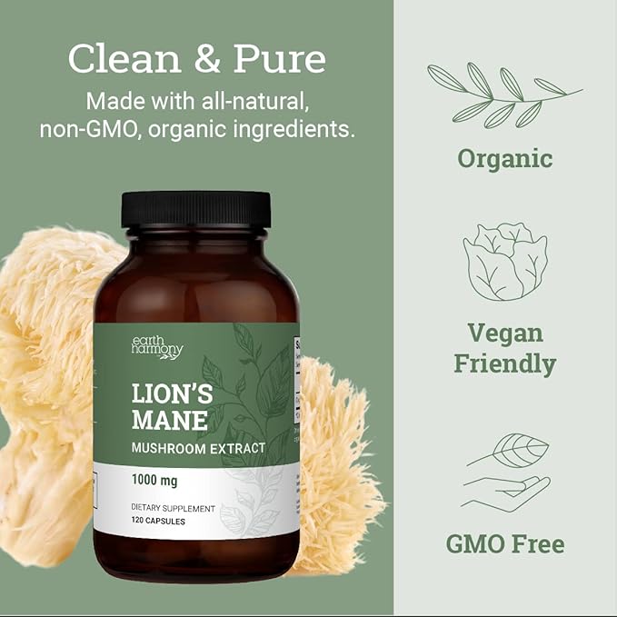 Earth Harmony Vegan Vitamin D3 5000 iu & Organic Lion's Mane 1000mg Supplement - 120 Capsules Each