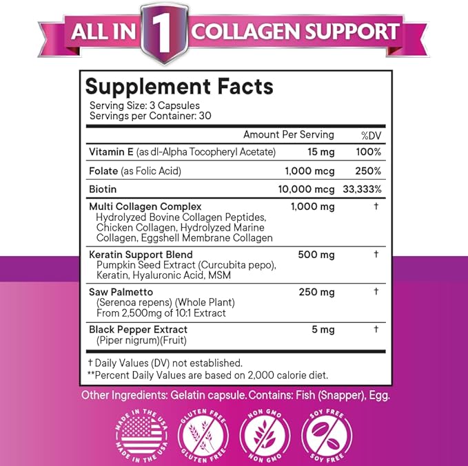 NEW AGE Collagen Pills Biotin Keratin Saw Palmetto Hyaluronic Acid - Vitamin E Folic Acid Pumpkin Seed MSM - 90 Count (Pack of 2)