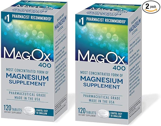Mag-Ox 400 Magnesium Mineral Dietary Supplement Tablets, 483 mg Magnesium Oxide, Pharmaceutical Grade, 120 Count, (Pack of 2)